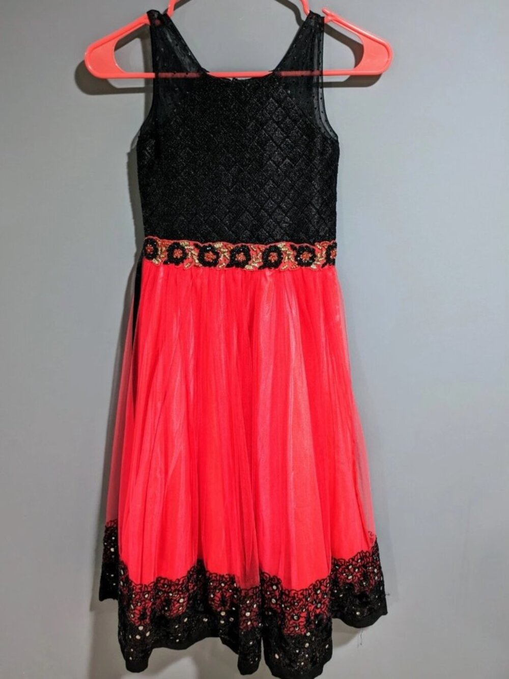 Girls Black & Neon Pink Party Dress Size 8-10 Tulle Lace Sequin Formal